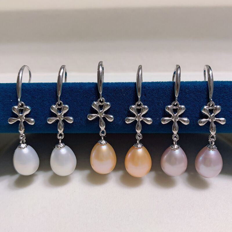 S925银饰品简约小花珍珠耳坠批发基础款米形珍珠耳环DIY时尚配饰|ms