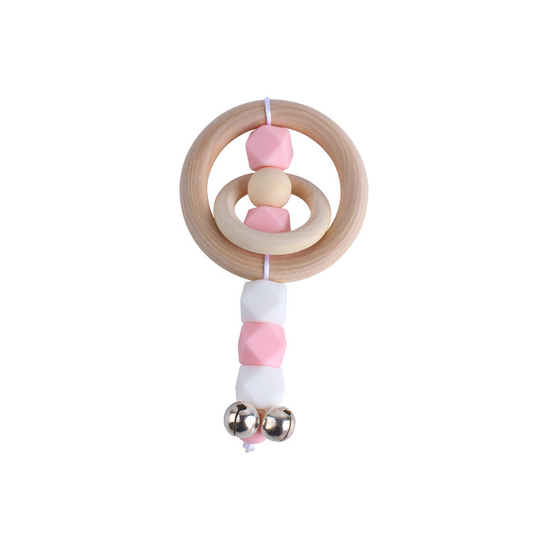 Nueva DIY dibujos animados Hemu anillo de madera mano palo sonajero juguete mordedor bebé silicona teether palo