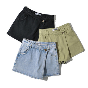 2024 Women's Summer Korean-style High Waist Slimming All-match Student Retro Hong Kong Style Irregular Wide-leg Denim Shorts