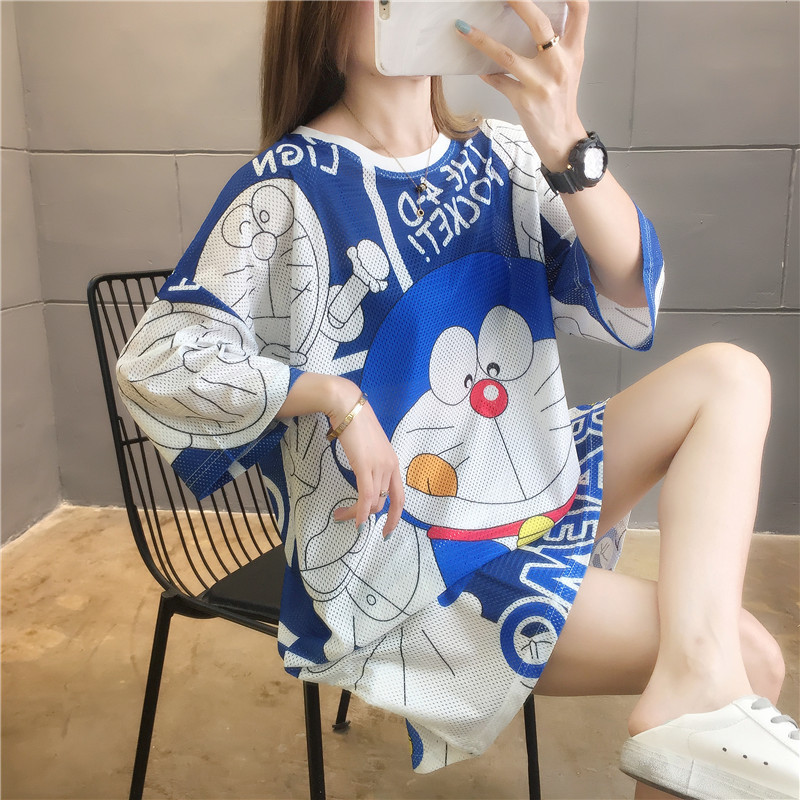 Mesh Ice Silk Quick-drying Mid-length Short-sleeved T-shirt Women's Summer Chubby Girls Large Size Personalized Printed Loose Dress bf