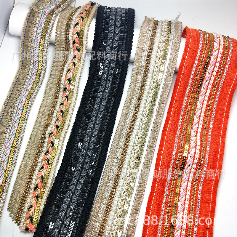 发财织带 重工钉珠织带 珠子泡珠珠片链带织带 帽边装饰带 鞋材带