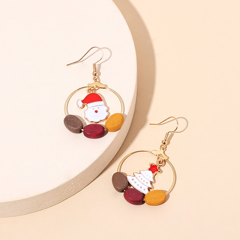 7g Weight Earrings Classification Wedding, Travel, Birthday, Festival Occasion Women'S Gender Christmas, Vintage Style Style Asymmetrical Big Circle Wood Christmas Earrings 3