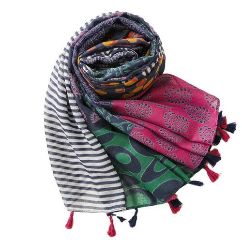 Foreign trade export original single ethnic style plant flower contrasting color cotton and linen scarf silk scarf travel sun protection shawl for women