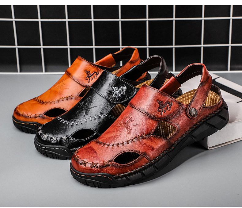 Amazon Spring/Summer men's plus-size sandals, trendy leather beach shoes, flip-flops, plus-size men's shoes, sewn shoes, cross-border Specification drawing