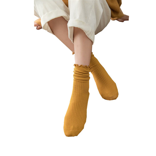 Duidui Socks Women's Japanese Spring and Autumn Long Socks Women's Socks Solid Color Double Needle Fungus Trim Retro Socks Set Women's Long Cotton Socks Wholesale