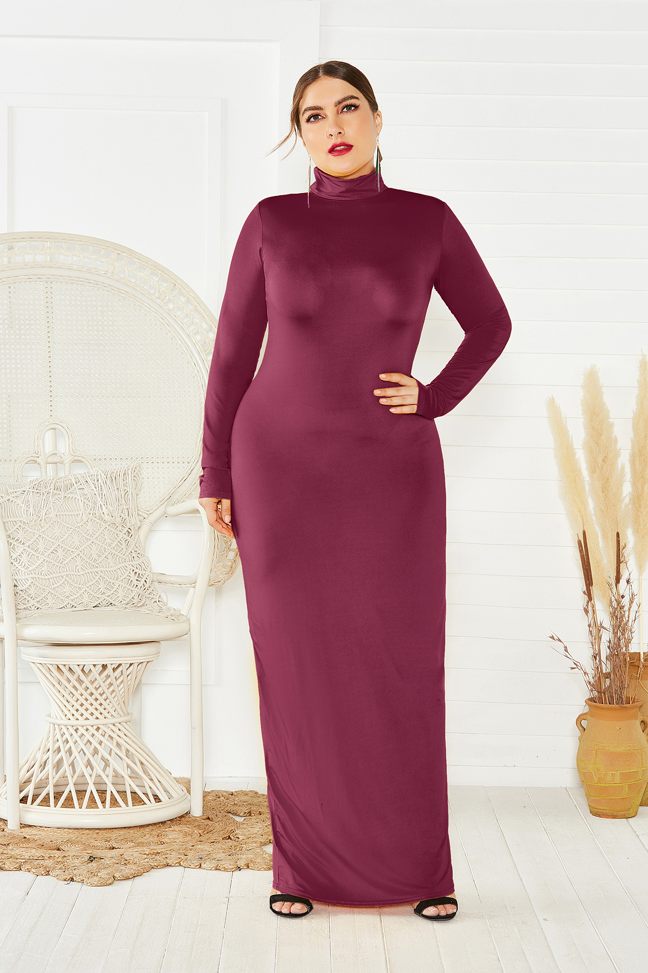 high neck long sleeve fashion plus size dress NSLM33249