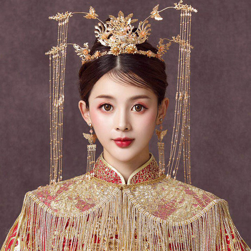 Ancient style phoenix crown Chinese bride Xiuhe dress headdress wedding tassel step Xiuhe hair ornament