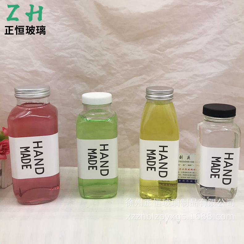 批发创意350ml方形玻璃饮料瓶铝盖泡茶瓶果汁瓶奶茶店烘培店