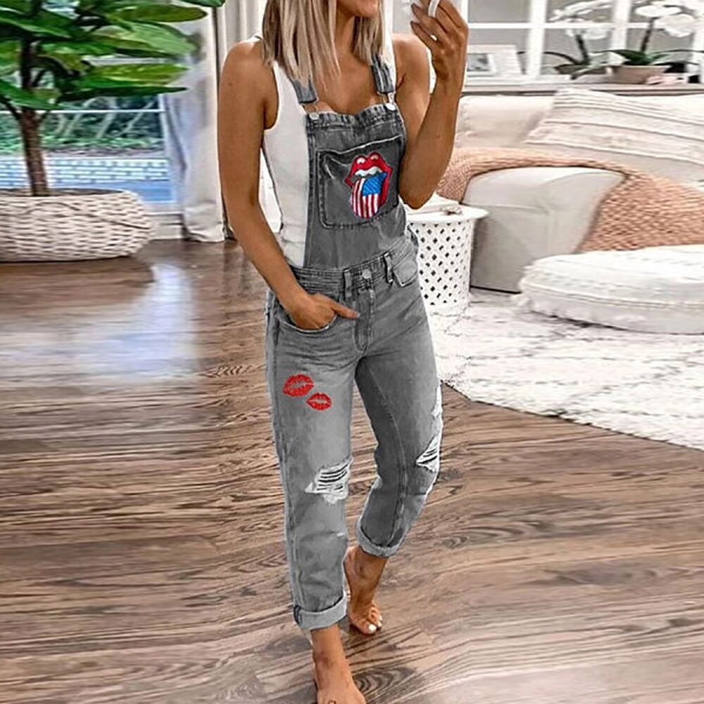   ripped sexy lips embroidered denim strap trousers  NSYF2182