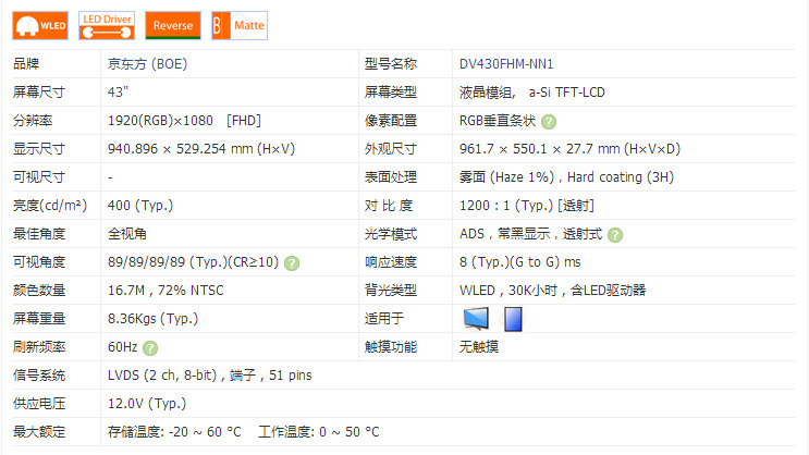 全新原包京东方43寸LCDLED液晶模组DV430FHM-NN1-阿里巴巴