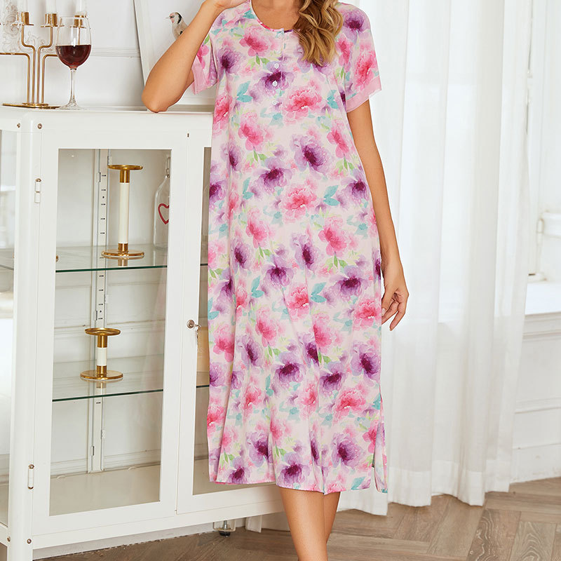 定制款跨境亚马逊女士短袖印花长款睡裙欧美家居服热卖睡裙