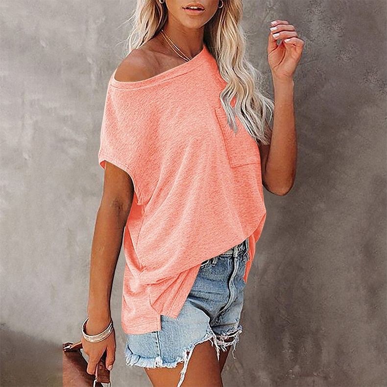 Loose Round Neck Solid Color Pocket Short-Sleeved T-Shirt NSLZ26656