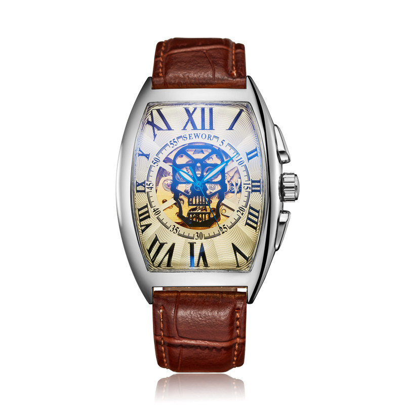 Sewor siwoqi reloj mecánico automático de los hombres hueco cráneo transparente Correa inferior reloj automático