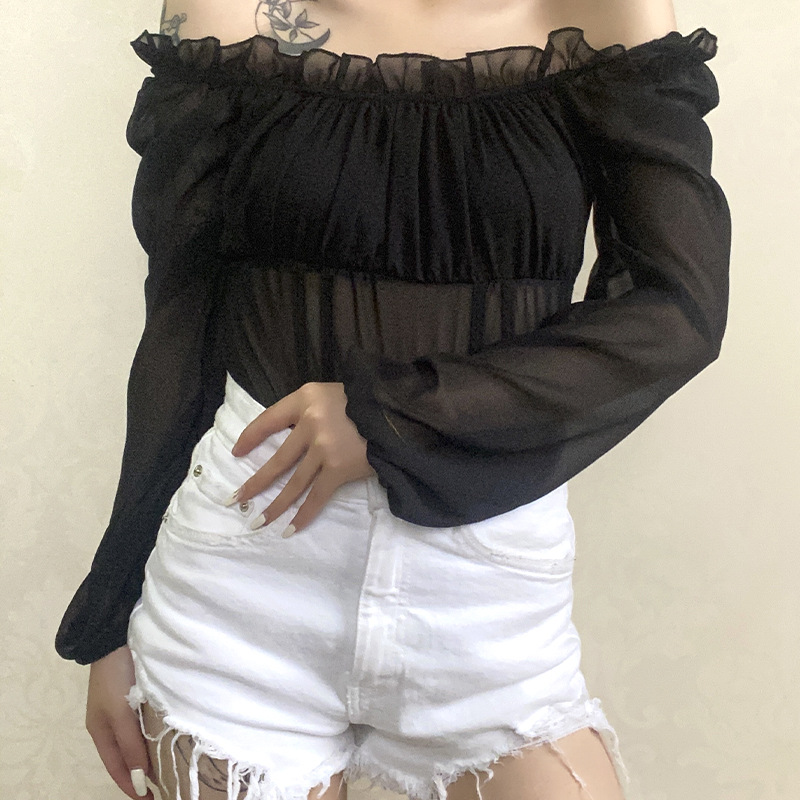 spring and summer new one-shoulder mesh stitching long-sleeved T-shirt NSMEI54898