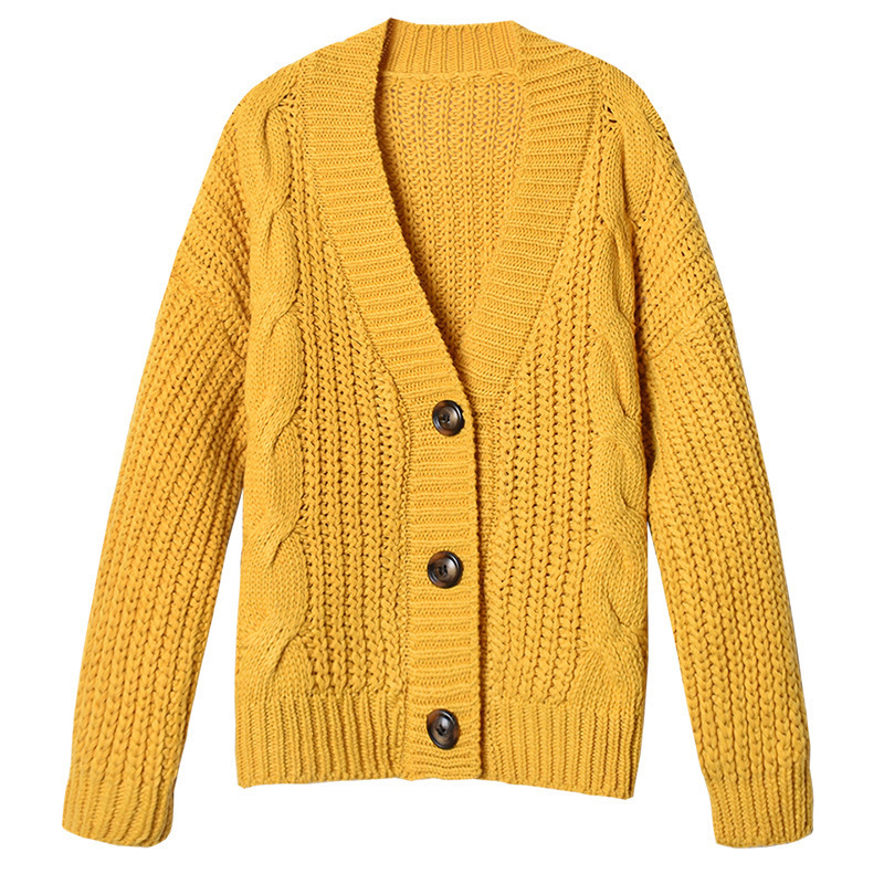 Amazon Otoño e Invierno casual de manga larga botón suéter cardigan abrigo mujer suelta lana gruesa giro suéter ropa exterior