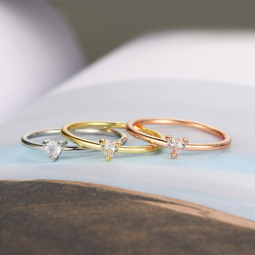 Hazy Moon Simple and Stylish Heart-Shaped Thin Ring for Women Set with Zircon and Plated with Real Gold Cross-border Accessories Manufacturer Direct Sales