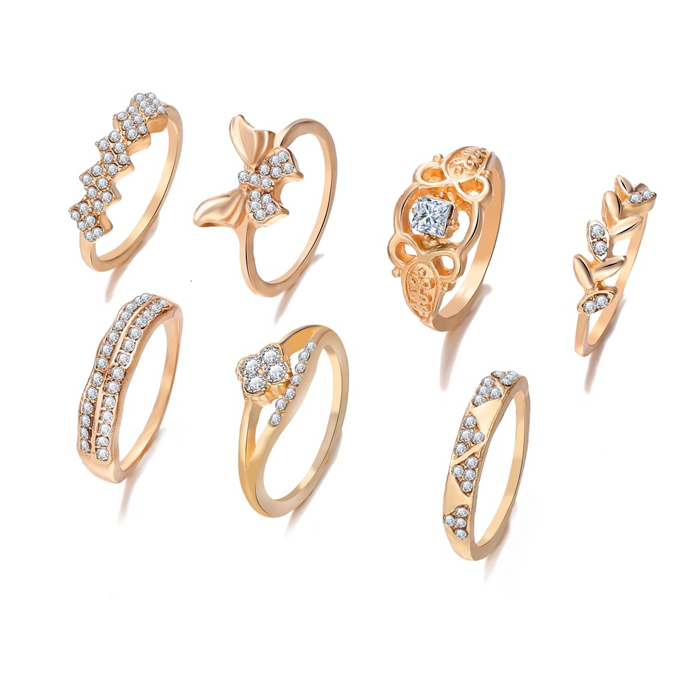 New Alloy Diamond Leaf Butterfly Ring Set 7-piece Retro Geometric Ring Wholesale display picture 4