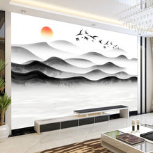 新中式客厅电视背景墙壁纸卧室床头水墨山水画墙纸影视墙布3d壁画