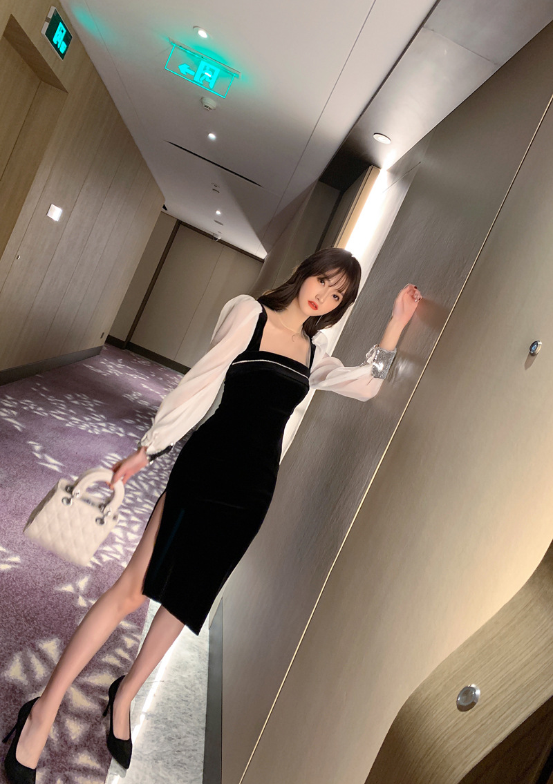 Váy nhung nữ cổ vuông ôm body xẻ tà phong cách Hepburn — Màu đen chi tiết 11