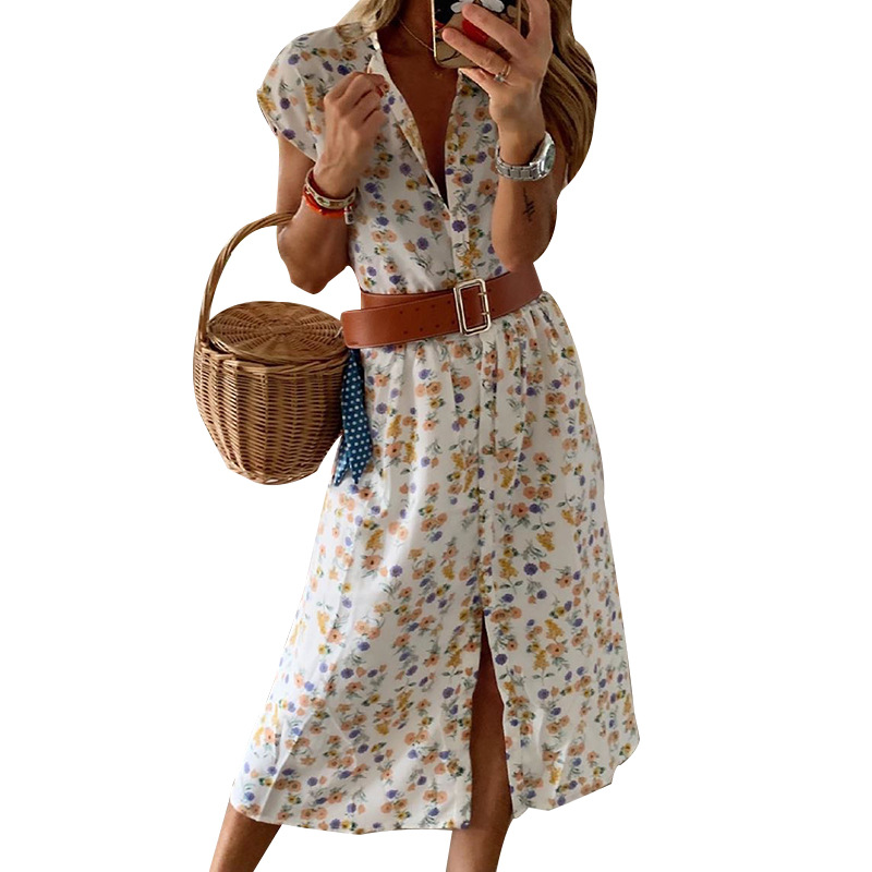 button floral slit short sleeve slim long dress NSONF131983