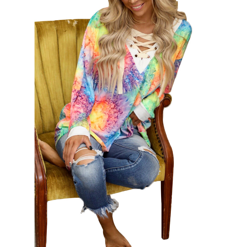 tie-dye printing long-sleeved V-neck top NSZH19531