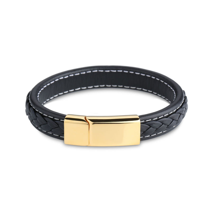 Popular Black Leather Stainless Steel Bracelet Woven Cowhide Bracelet Couple Custom Bracelets Can Be Engraved