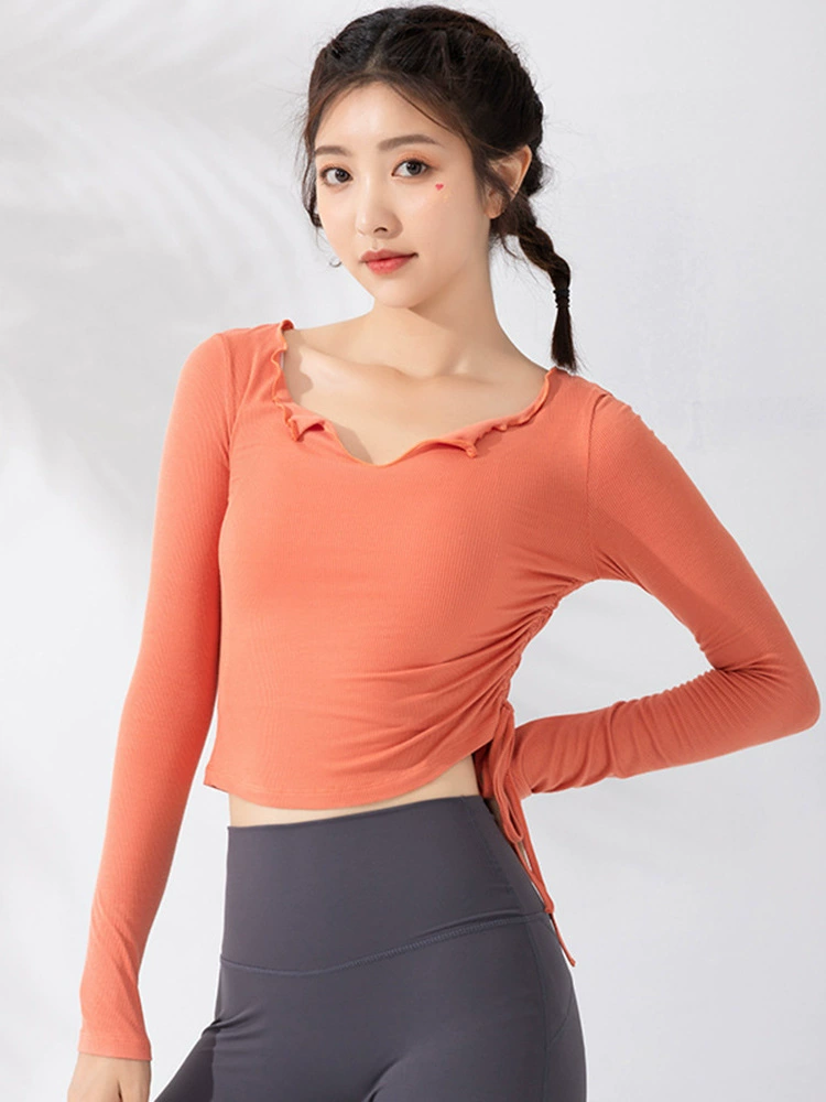 Sexy sports belt, T-shirt, elastic quick dry long-sleeve for yoga for gym, tight, for running, fitted, autumn, internet celebrity