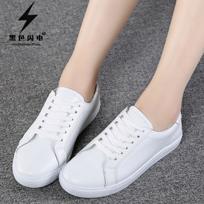 Black Lightning spring and autumn new pattern Women's Shoes genuine leather Flat bottom Frenum White shoes College wind cowhide leisure time Single shoes