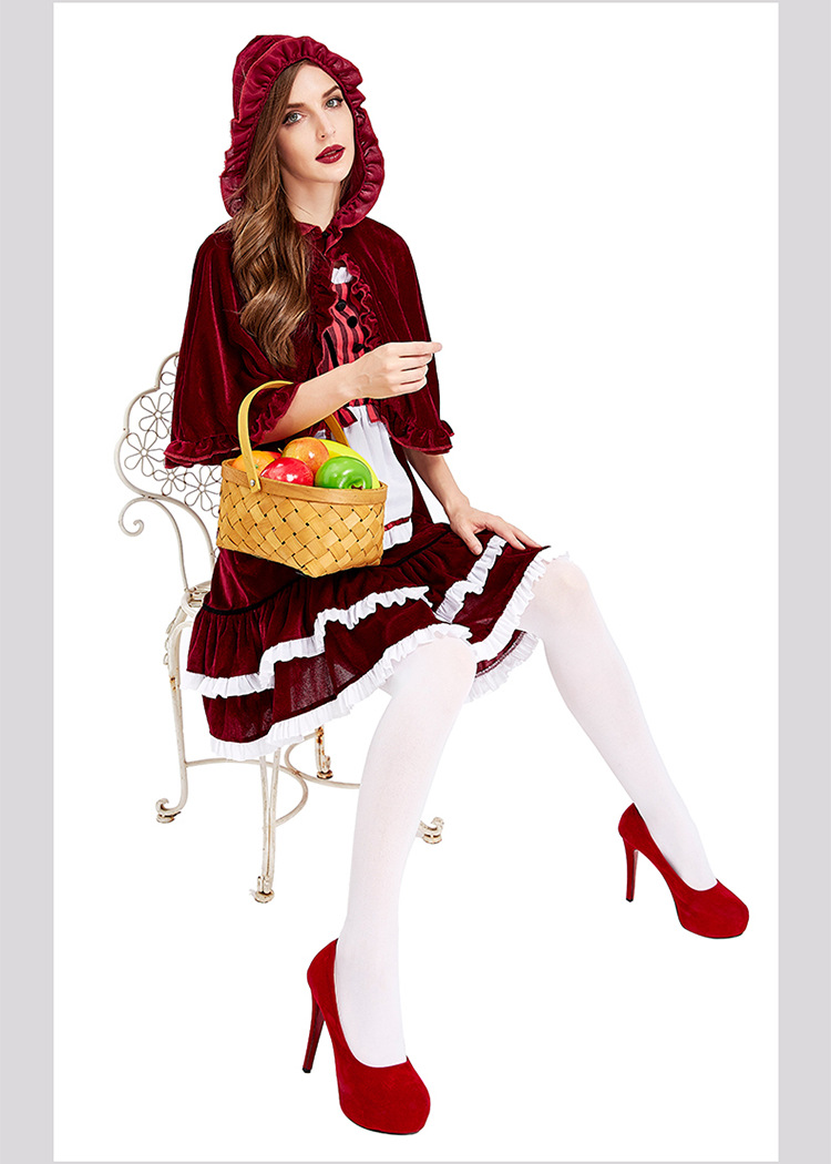 Halloween Costume New Foreign Trade Dress Striped Wine Red Lace Shawl Little Red Riding Hood Party Costume Short Skirt display picture 5