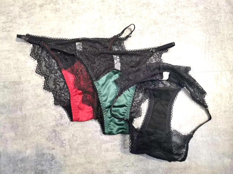 Wriufred Sexy Lace Satin Push Up Bra and Briefs Set Perspective Sexy Lingerie Set Three-piece Bralette Set Ladies Underwear