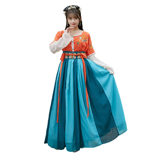 Chinese qing tang ming Hanfu national embroidery pleated skirt waist level stage performance dress