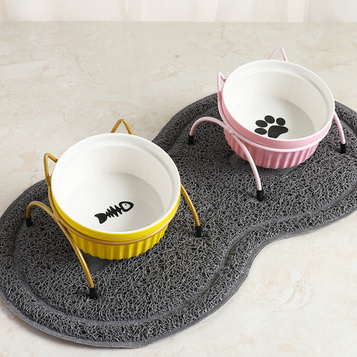 Cat Bowl Cat Ceramic Bowl Water Bowl with Stand Iron Stand Cat Bowl Cervical Protection Cat Food Bowl Cat Feeding Bowl Pet Bowl