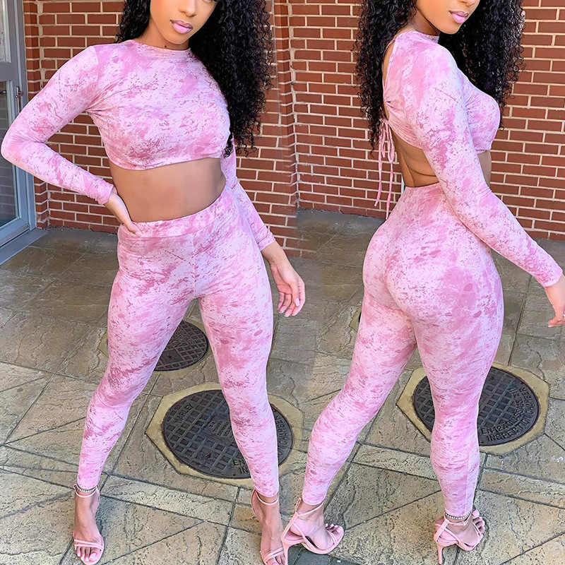 2020新款欧美女装时尚休闲印花露背绑带短上衣紧身裤两件套ZL1337