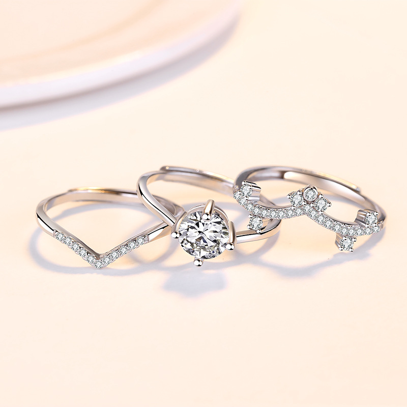 Fashion Crown Copper Inlay Artificial Gemstones Rings 3 Piece Set