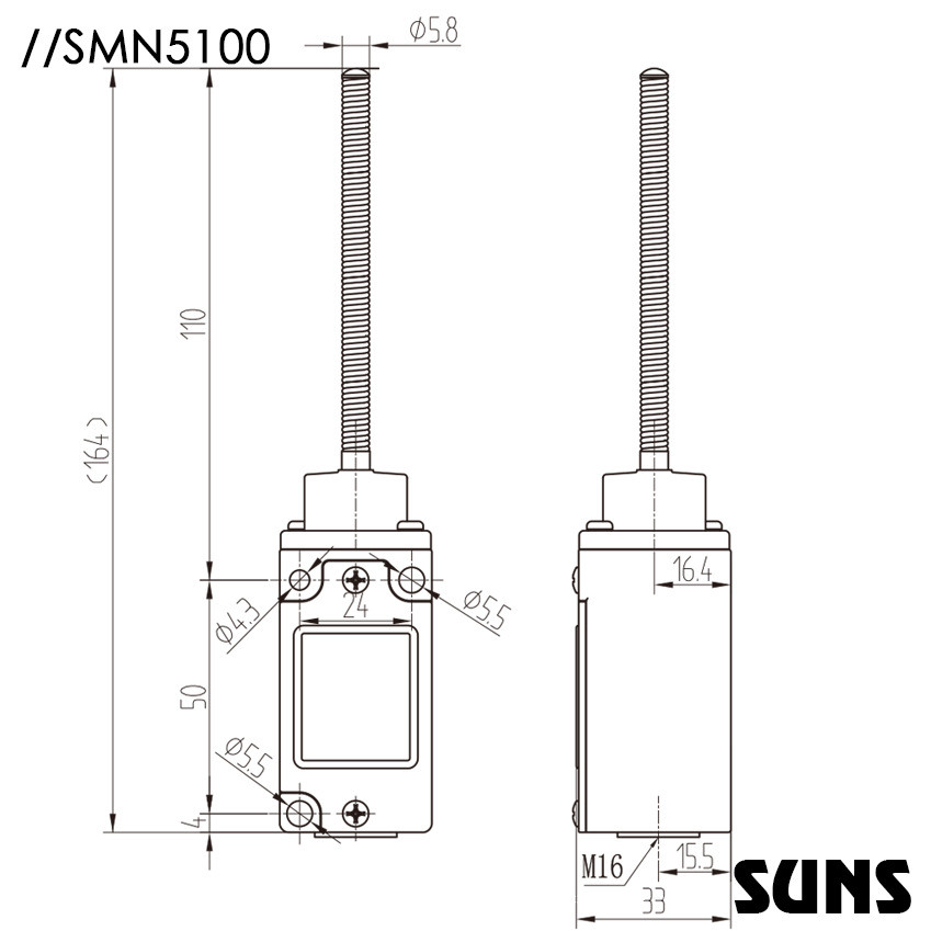 SUNS美国三实行程开关SMN5100安全限位开关尺寸图