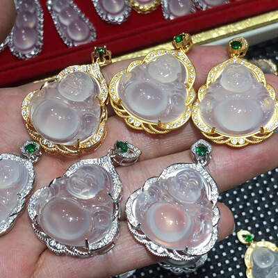 natural Baibingyu Pendant Buddha Gong Set agate 925 Silver-plated 18k Jinfudou girl