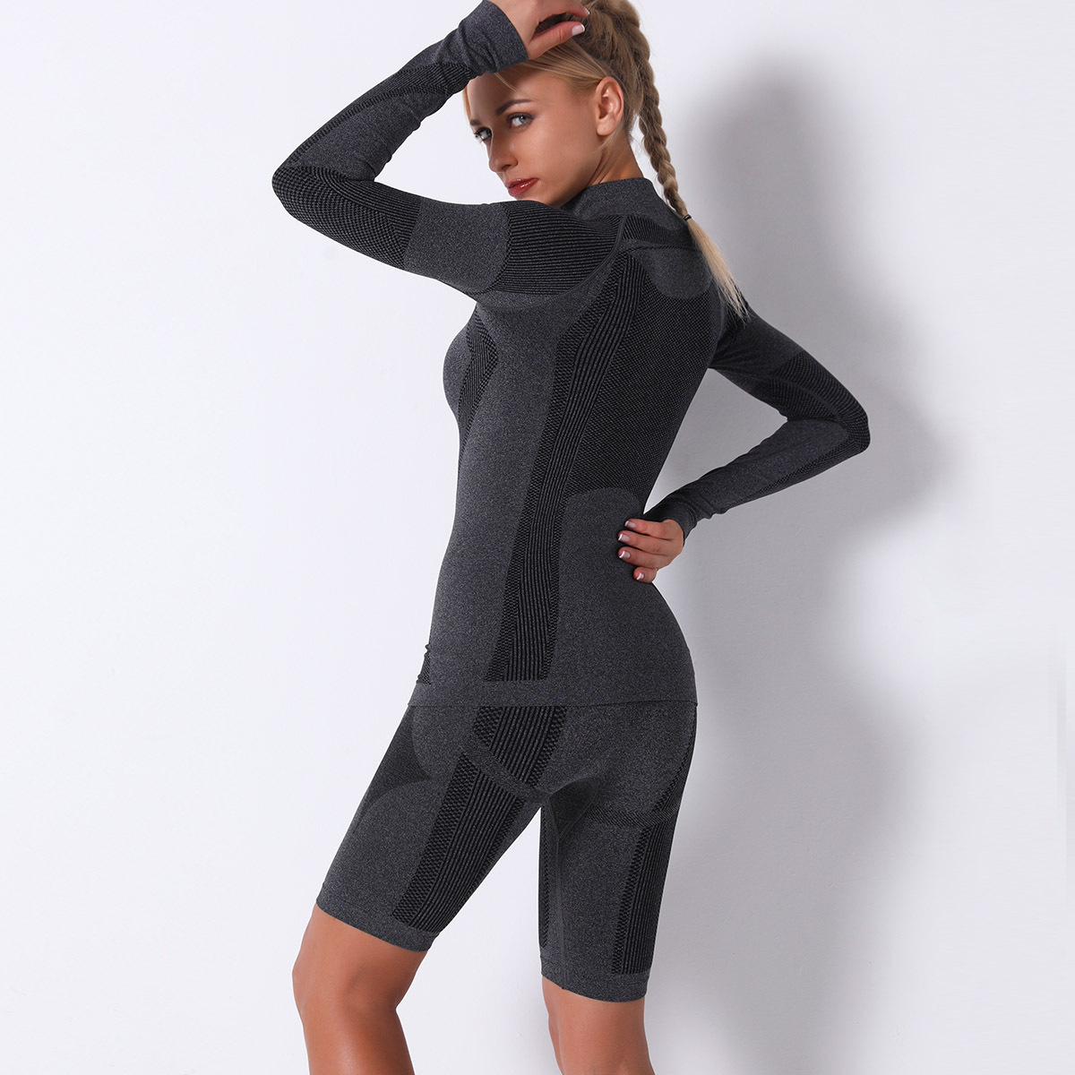 Seamless Knitted Sexy Striped Long Sleeve Shorts Yoga Set  NSNS10699