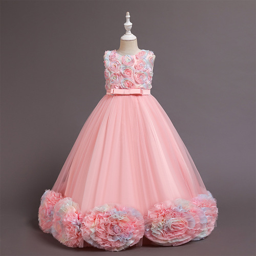 Cross-border exclusive new children's dress princess skirt mesh flower ballgown sleeveless long performance dress