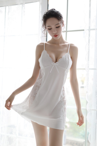 Branded side high slit little black dress sexy pajamas for women deep V backless lace suspender nightgown home service delivery