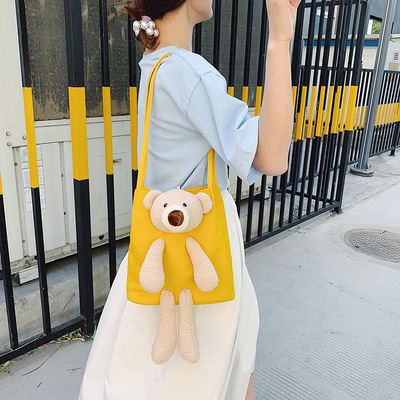 網紅帆布大熊毛絨熊女包新款韓國ins日系原宿軟妹帆布單肩包批發