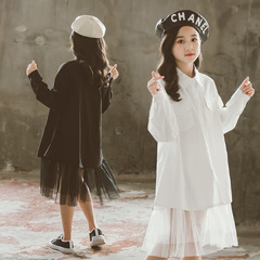 Children's Shirt 2023 Spring Edition Korean Style Medium and Large Children's Trendy and Stylish Splicing Long-Sleeved White Shirt for Spring and Autumn