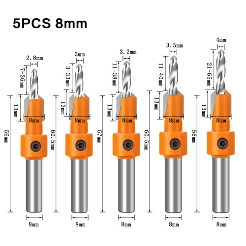 5-piece set of woodworking countersink drill, taper hole drill, alloy head screw step drill, self-tapping screw installation step drill
