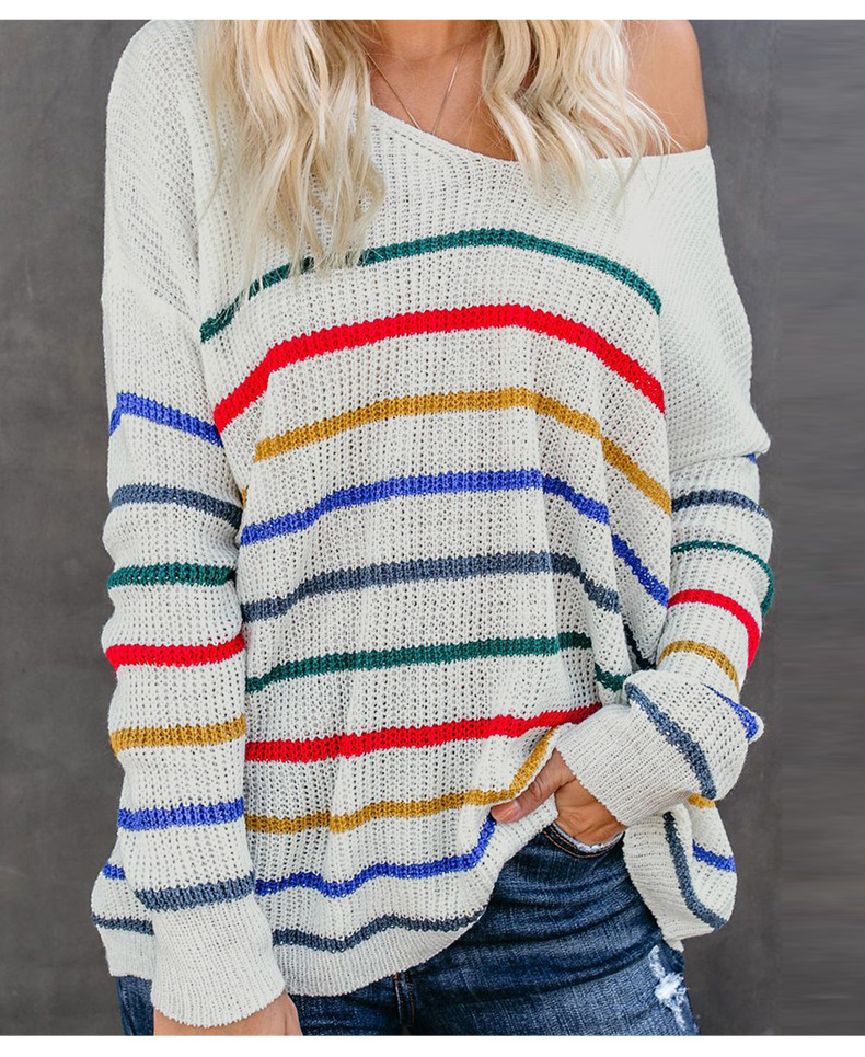 knitted sweater women new color striped loose long-sleeved v-neck ladies pullover NSSI3434