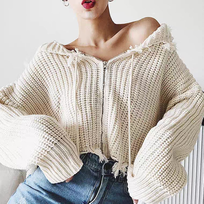 Chaqueta de Punto con Capucha y Borlas para Mujer, Estilo Europeo y Americano, Comercio Exterior Transfronterizo de Amazon, Suéter con Cremallera, Chaqueta de Punto, 2025