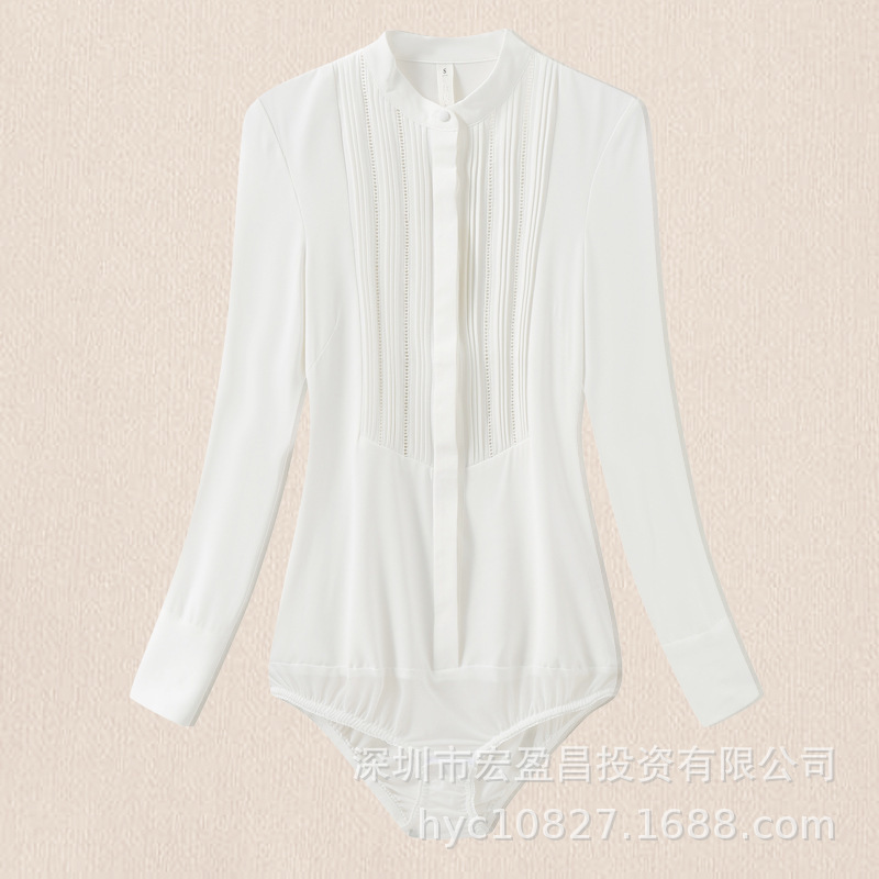 2025 Autumn New Fashion Sexy Women's One-Piece Shirt Stand Collar Hollow Lace Ol Base Layer Professional Crotchless Shirt