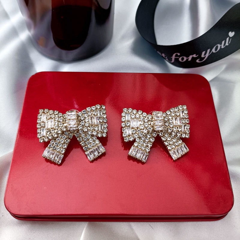 Rhinestones Inlay Material 1 Pair Sweet Bow Knot Rhinestone Rhinestones Ear Studs