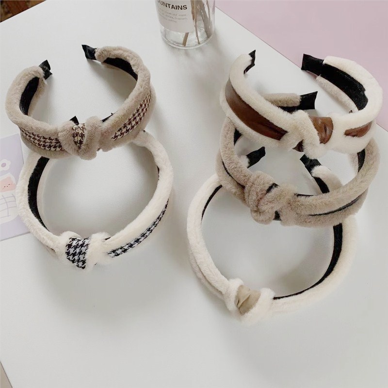 秋冬新款皮质毛绒发饰蝴蝶结打结发箍气质头饰韩国毛毛头箍发卡女|ru