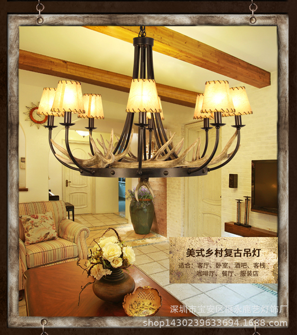 美式乡村客厅餐厅复式楼别墅灯具咖啡厅酒咖会所复古铁艺鹿角吊灯-阿里巴巴