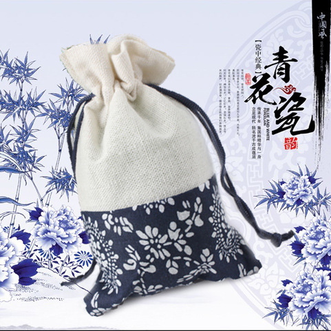 青花小布袋驱蚊香包囊棉麻首饰袋diy端午中药抽绳束口袋定制包装