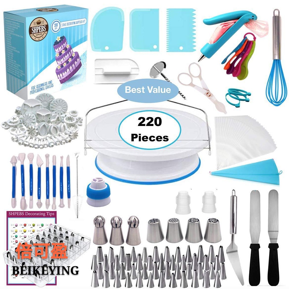 Factory wholesale 220 piece set cake turntable set decorating table piping mouth silicone bag baking DIY combination